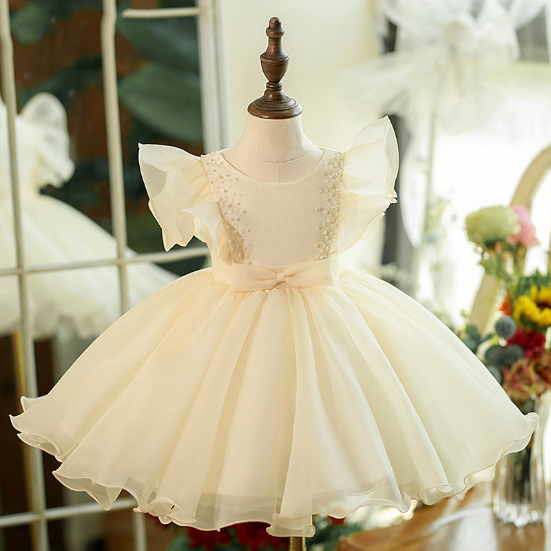 Champagne Organza Princess Flower Girl Dress Ruffle Pleat