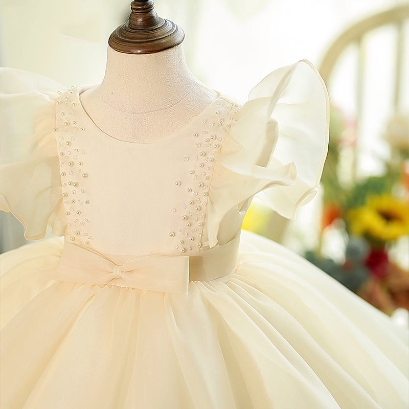 Champagne Organza Princess Flower Girl Dress Ruffle Pleat