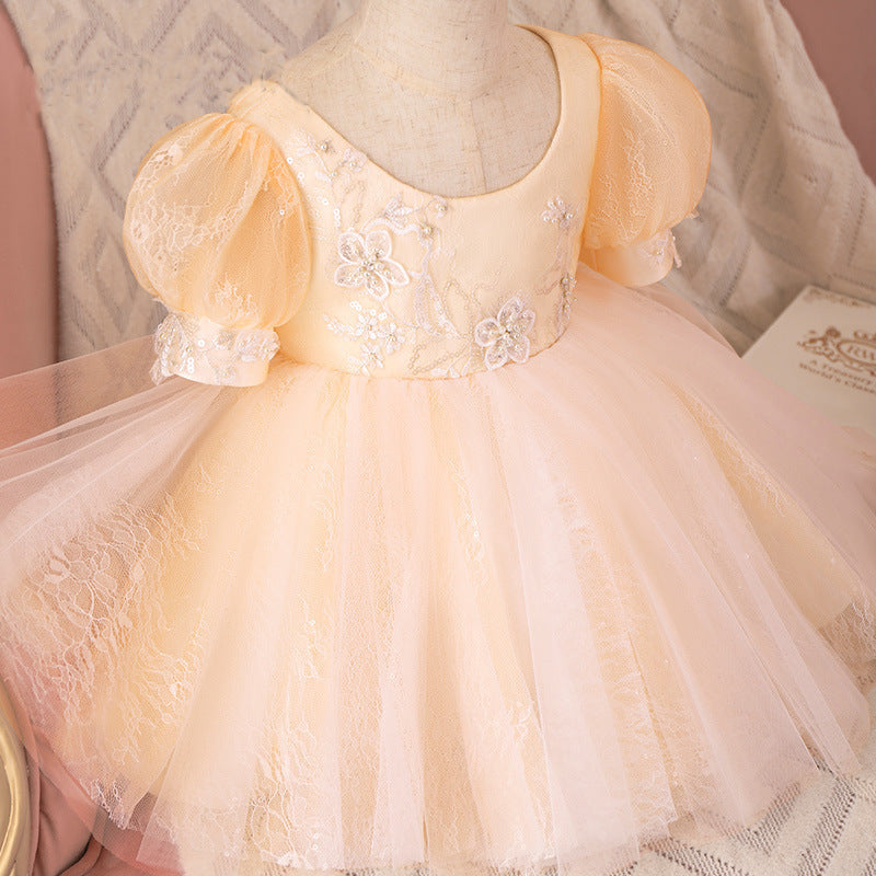 Champagne Princess Flower Girl Dress with Lace & Sequins