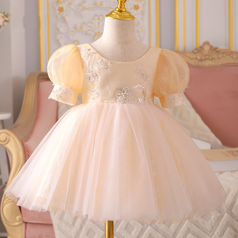 Champagne Princess Flower Girl Dress with Lace & Sequins