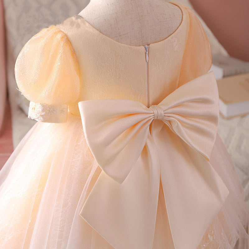 Champagne Princess Flower Girl Dress with Lace & Sequins