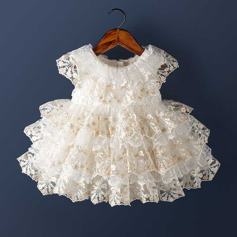 Champagne Princess Flower Girl Dress with Lace and Bow Back