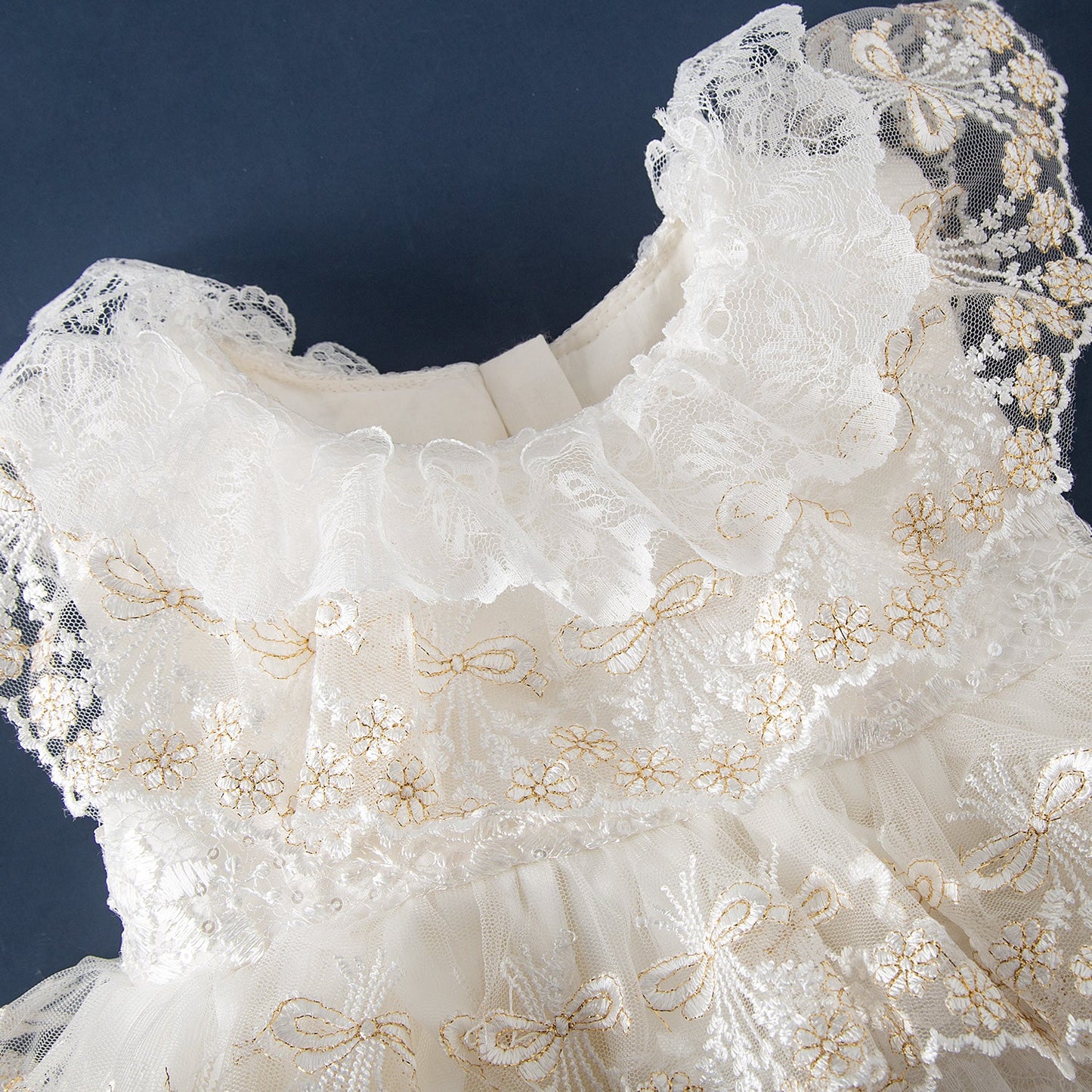 Champagne Princess Flower Girl Dress with Lace and Bow Back