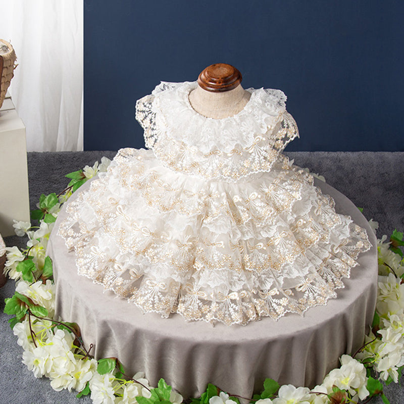 Champagne Princess Flower Girl Dress with Lace and Bow Back