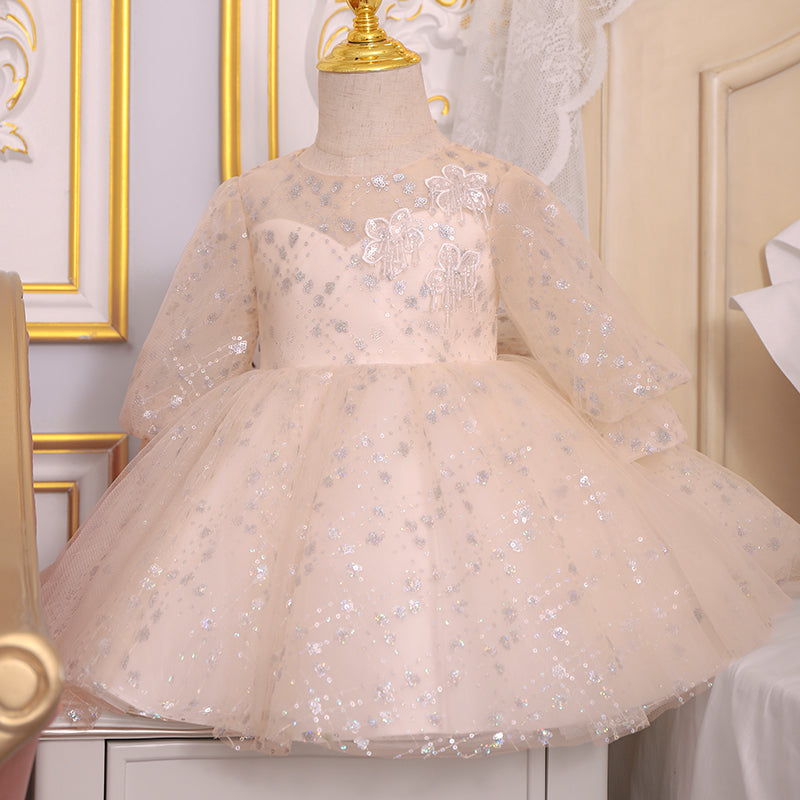 Champagne Princess Flower Girl Dress with Lace and Sequins