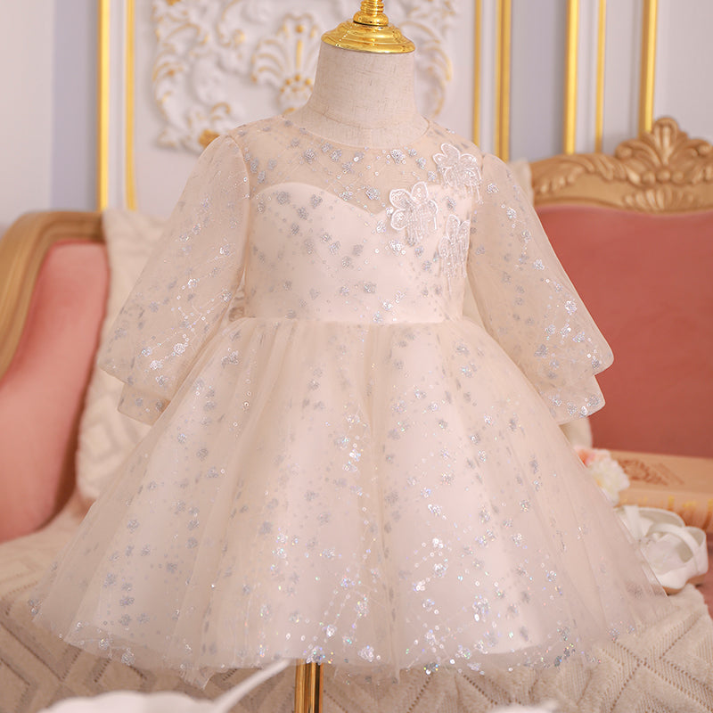 Champagne Princess Flower Girl Dress with Lace and Sequins