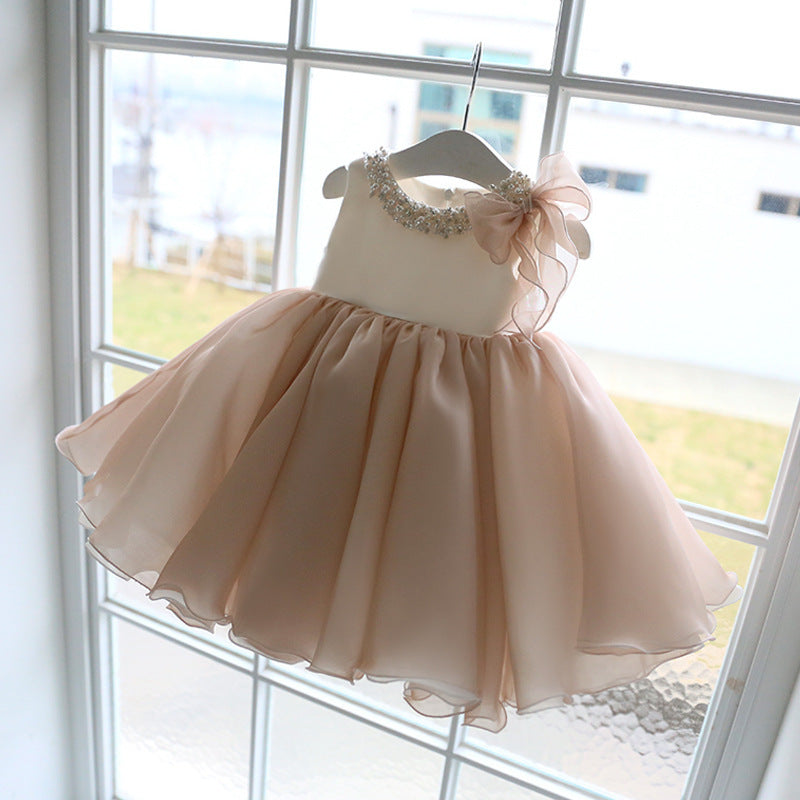 Champagne Princess Flower Girl Dress with Sequins and Bow