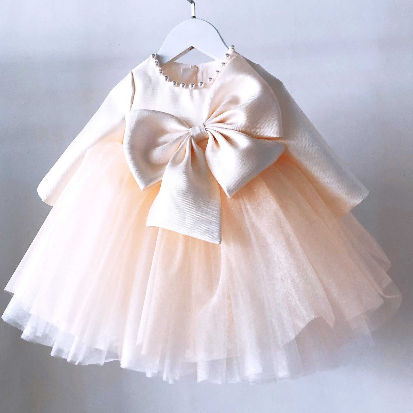 Champagne Princess Flower Girl Dress: Boat Neck Long Sleeve