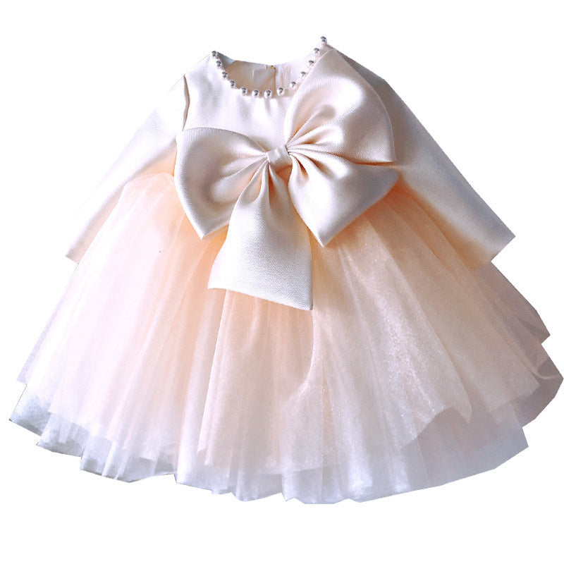 Champagne Princess Flower Girl Dress: Boat Neck Long Sleeve