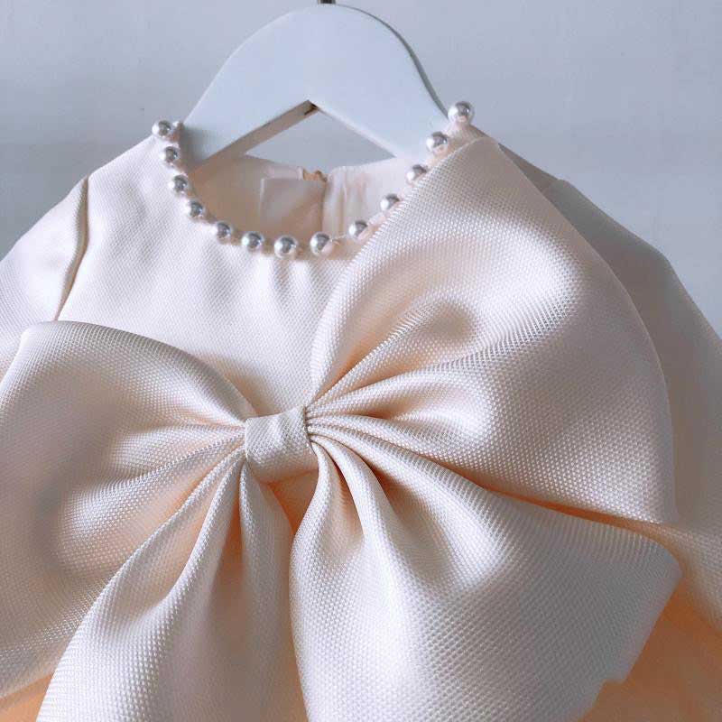 Champagne Princess Flower Girl Dress: Boat Neck Long Sleeve