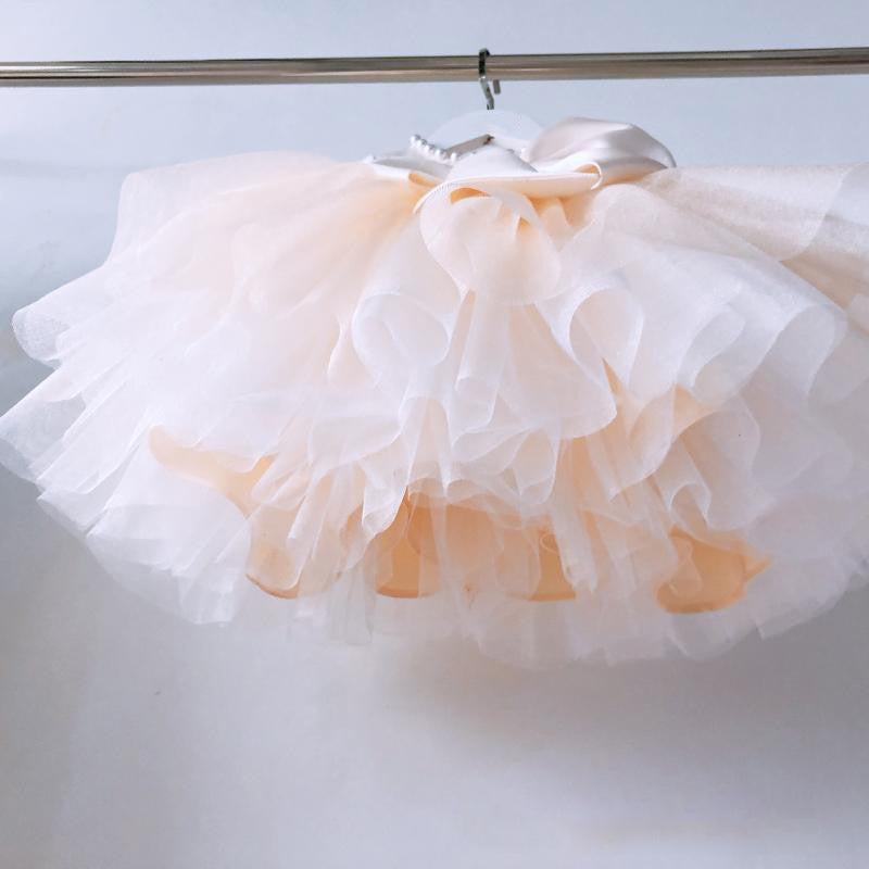 Champagne Princess Flower Girl Dress: Boat Neck Long Sleeve