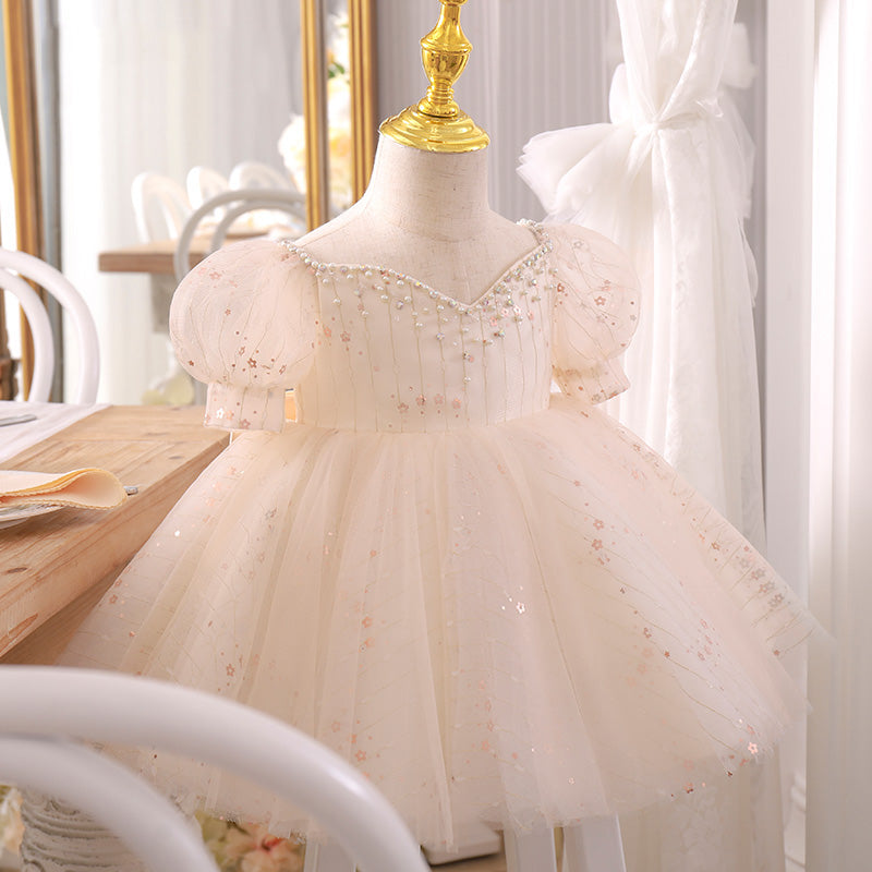 Champagne Princess Tulle Flower Girl Dress with Sequins