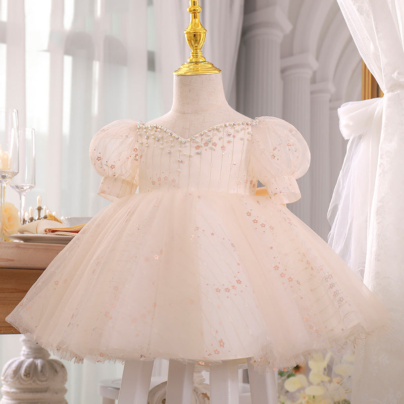 Champagne Princess Tulle Flower Girl Dress with Sequins