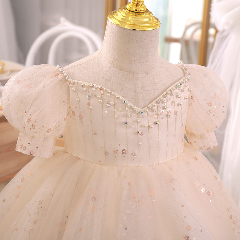 Champagne Princess Tulle Flower Girl Dress with Sequins