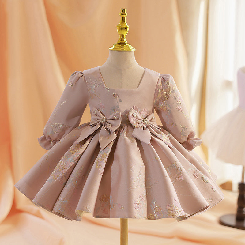 Champagne Satin A-Line Flower Girl Dress - Lantern Sleeves