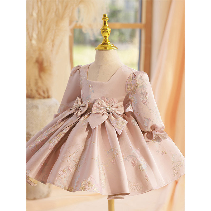 Champagne Satin A-Line Flower Girl Dress - Lantern Sleeves