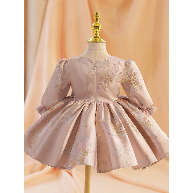 Champagne Satin A-Line Flower Girl Dress - Lantern Sleeves