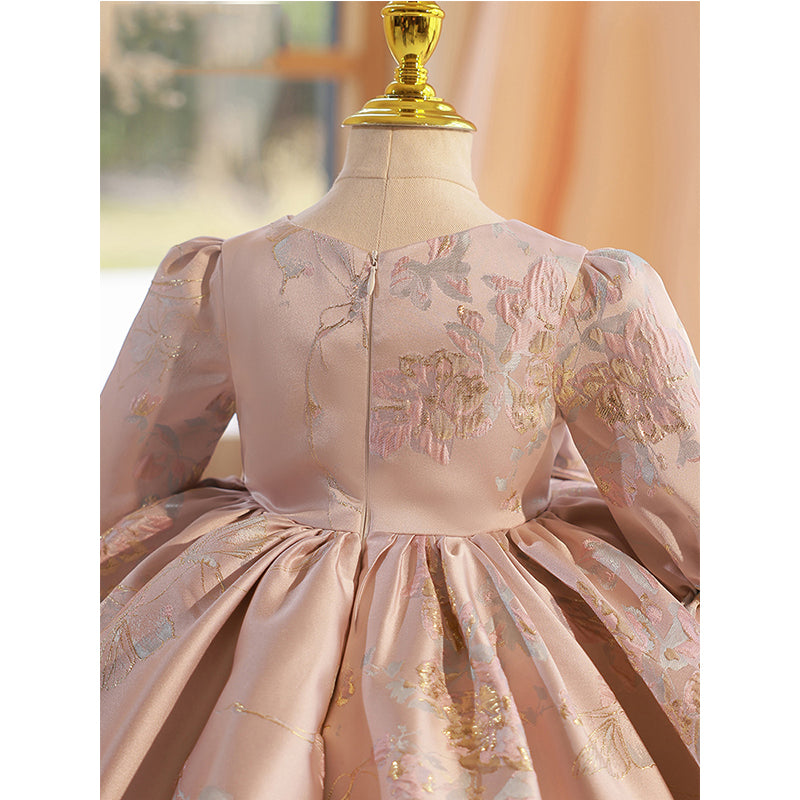 Champagne Satin A-Line Flower Girl Dress - Lantern Sleeves