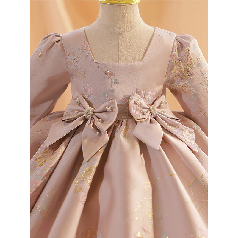 Champagne Satin A-Line Flower Girl Dress - Lantern Sleeves