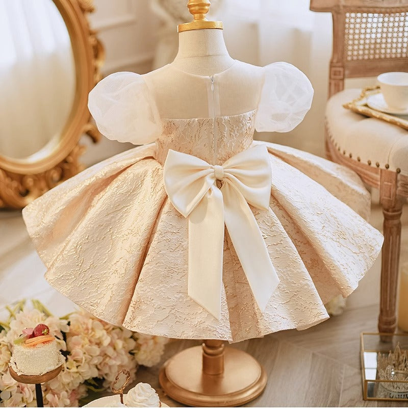 Champagne Satin Princess Dress for Girls with Bow – Flower Girl, Birthday, Party