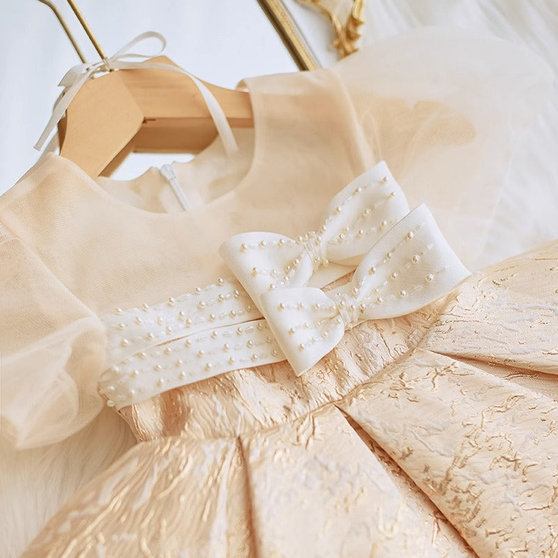 Champagne Satin Princess Dress for Girls with Bow – Flower Girl, Birthday, Party