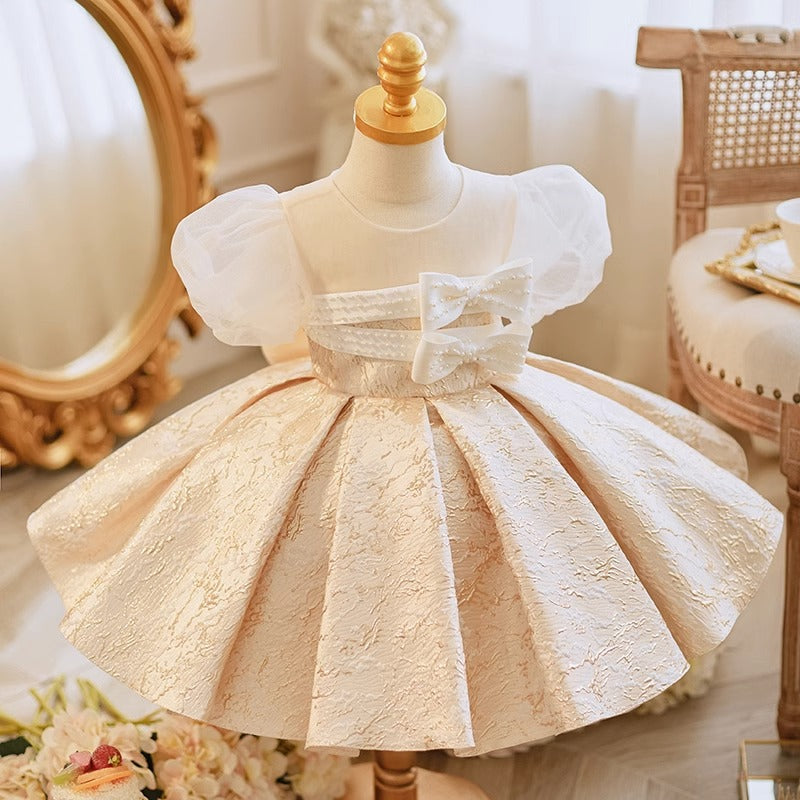 Champagne Satin Princess Dress for Girls with Bow – Flower Girl, Birthday, Party