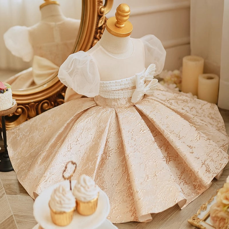 Champagne Satin Princess Dress for Girls with Bow – Flower Girl, Birthday, Party