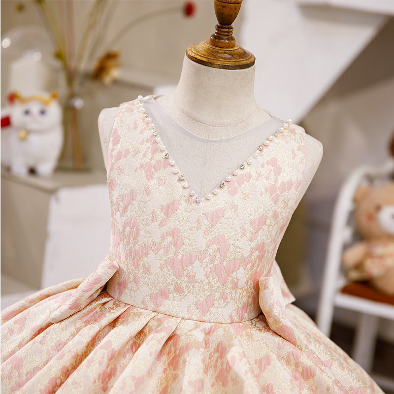 Champagne Satin Tulle A-Line Flower Girl Dress Bow V-Neck
