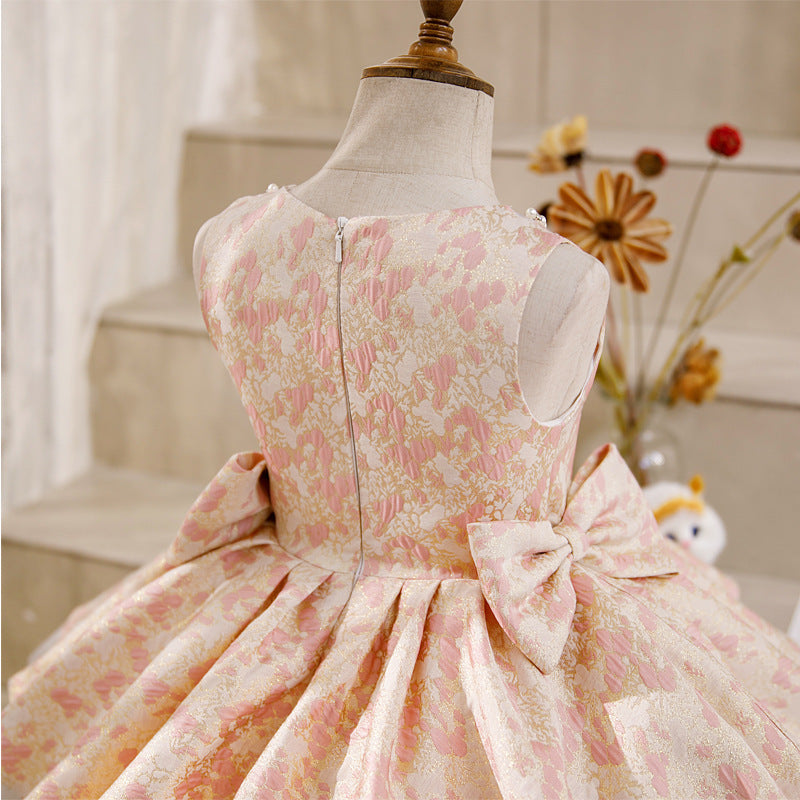 Champagne Satin Tulle A-Line Flower Girl Dress Bow V-Neck