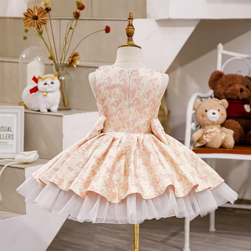 Champagne Satin Tulle A-Line Flower Girl Dress Bow V-Neck