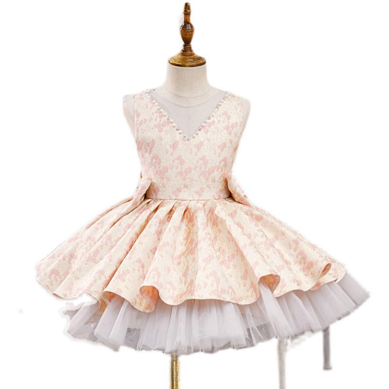 Champagne Satin Tulle A-Line Flower Girl Dress Bow V-Neck