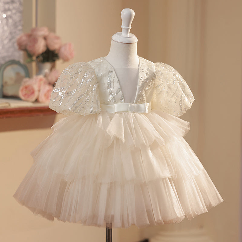 Champagne Sequin Flower Girl Ball Gown Dress for Toddlers & Kids | Knee Length Princess Dress