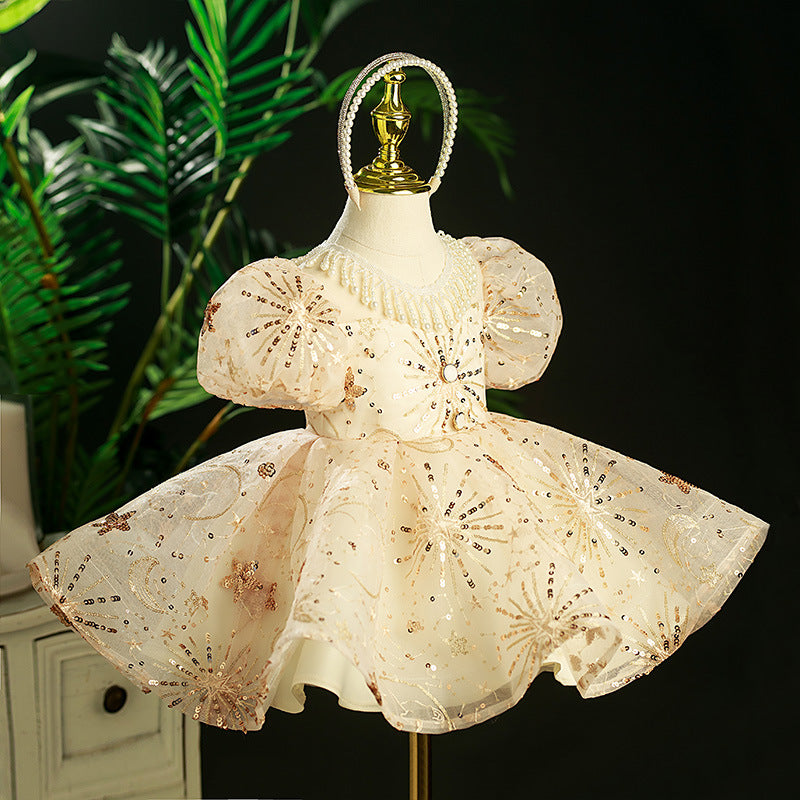 Champagne Sequin Princess Flower Girl Dress Beaded Puff Sleeve