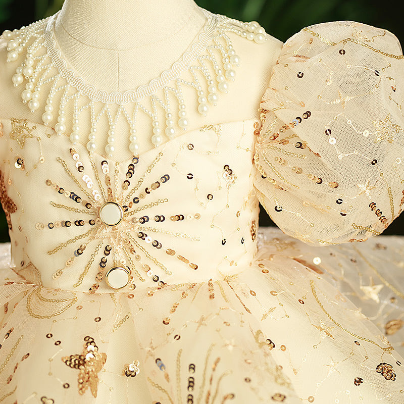 Champagne Sequin Princess Flower Girl Dress Beaded Puff Sleeve