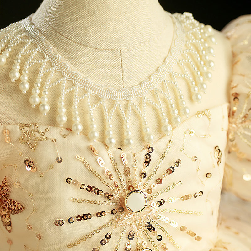 Champagne Sequin Princess Flower Girl Dress Beaded Puff Sleeve