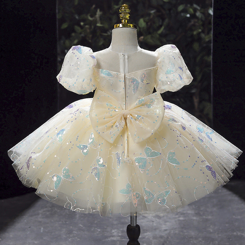 Champagne Sequin Princess Flower Girl Dress Bow Puff Sleeve