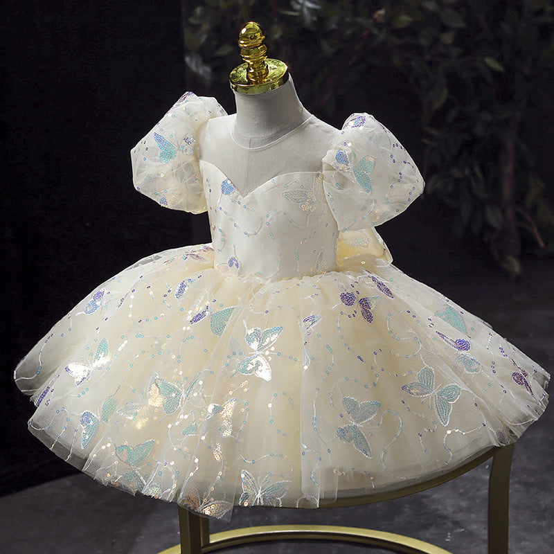 Champagne Sequin Princess Flower Girl Dress Bow Puff Sleeve