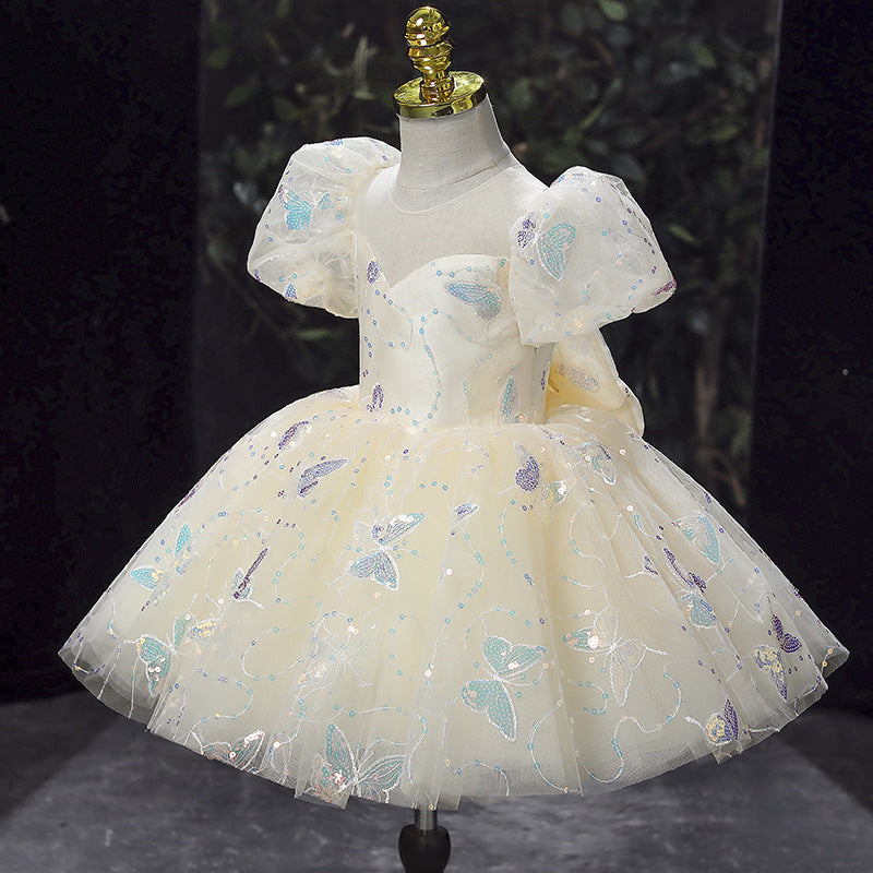 Champagne Sequin Princess Flower Girl Dress Bow Puff Sleeve