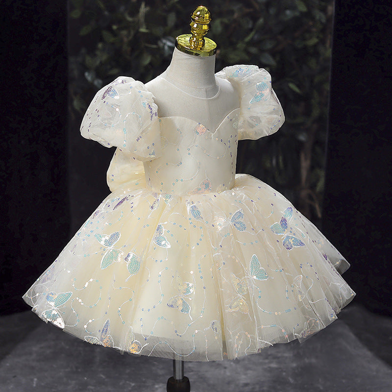 Champagne Sequin Princess Flower Girl Dress Bow Puff Sleeve