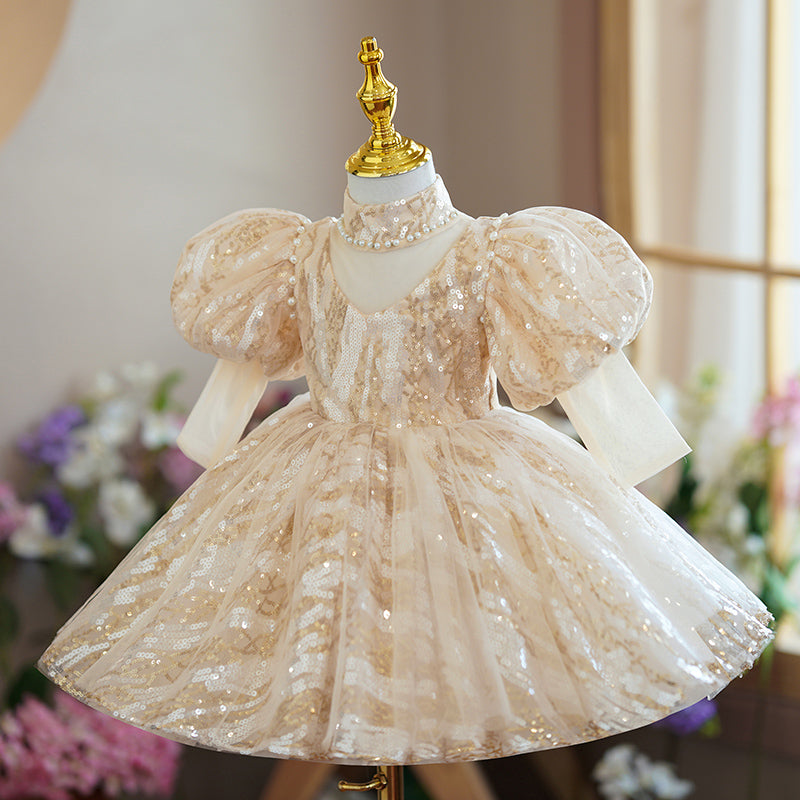 Champagne Sequin Princess Flower Girl Dress Turtle Neck Puff