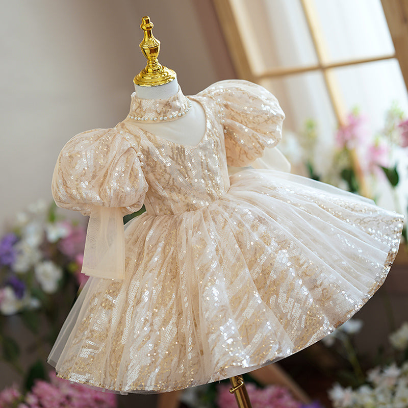 Champagne Sequin Princess Flower Girl Dress Turtle Neck Puff
