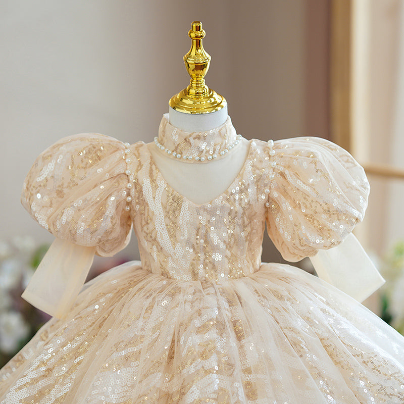 Champagne Sequin Princess Flower Girl Dress Turtle Neck Puff