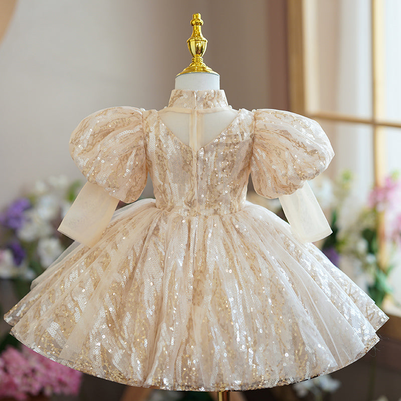 Champagne Sequin Princess Flower Girl Dress Turtle Neck Puff
