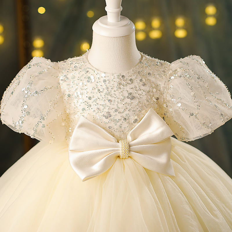Champagne Sequin Tulle Princess Flower Girl Dress Puff Bow Knee
