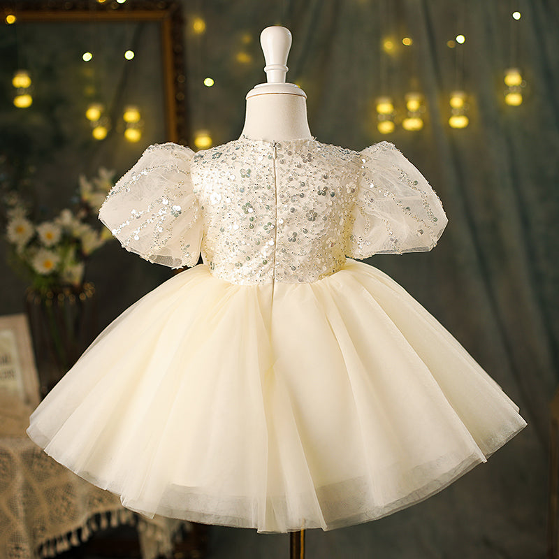 Champagne Sequin Tulle Princess Flower Girl Dress Puff Bow Knee