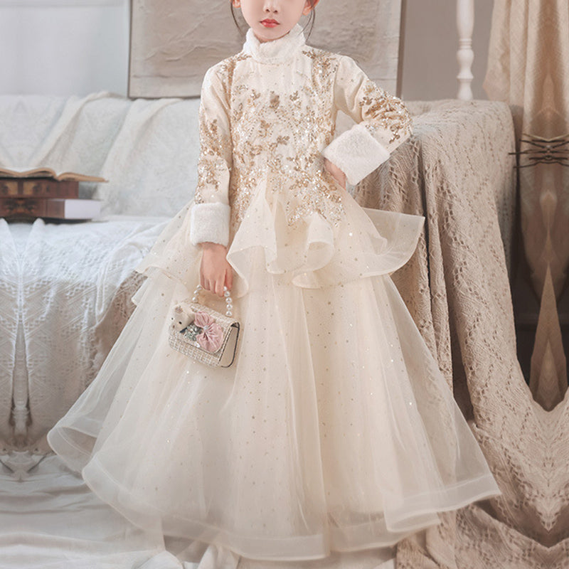 Champagne Sequined Organza A-Line Dress Lace Long Sleeve | Champagne / 5-6 Years (130cm) | Mia Princess Champagne Sequined Organza A-Line Dress Lace Long Sleeve | Champagne / 5-6 Years (130cm) | Mia Princess