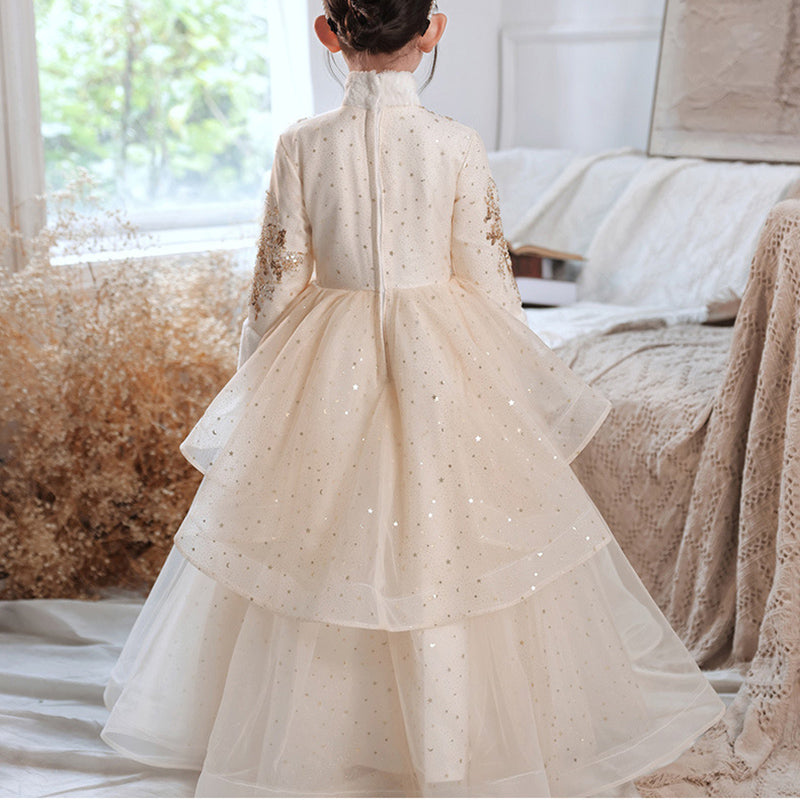 Champagne Sequined Organza A-Line Dress Lace Long Sleeve