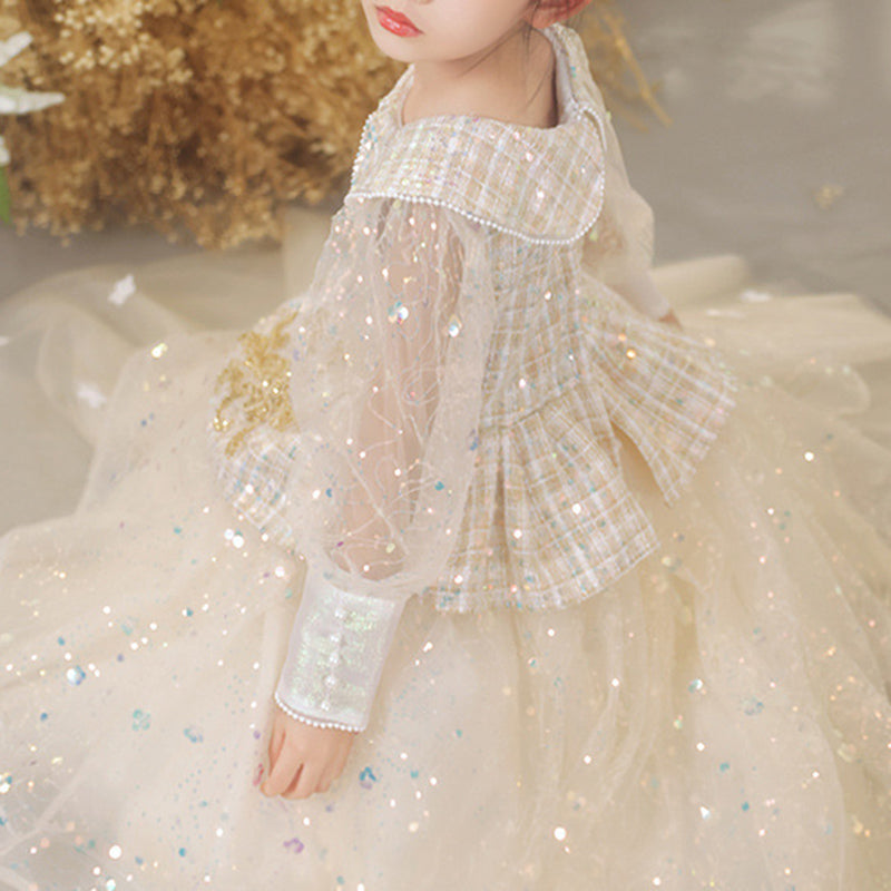 Champagne Sequined Princess Dress Collared Lace Ruffle