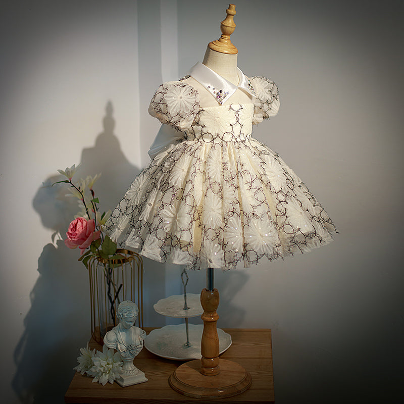 Champagne Sequined Princess Flower Girl Dress - Collared Neck