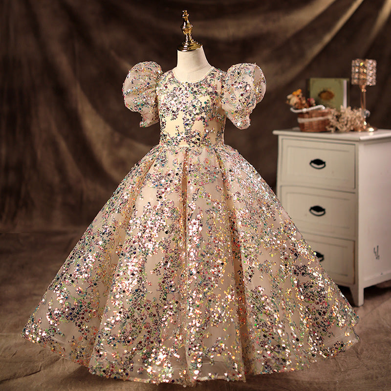 Champagne Sequined Princess Flower Girl Dress Floor Length